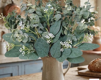 Artificial Eucalyptus Stems with White Seeds, Faux Greenery Wedding Decor