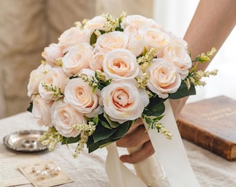 Handmade White Silk Rose Bridal Bouquet, Artificial Wedding Flowers, Bridesmaid Gift, Home Decor