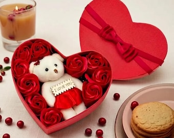 Artificial Rose Teddy Bear Gift Box – Romantic Heart Shaped Floral Arrangement