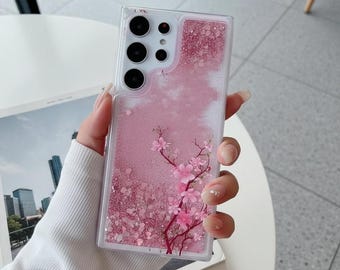 ピンクの桃の花の流砂柄スマホケース（Samsung S26 S25 S24 Ultra S23 Plus S22 S21 Note 20対応）