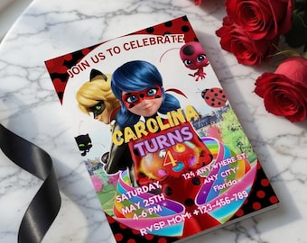 Personalized Kids Superhero Birthday Invite, Red & Black Polka Dot Card, Girl Hero Theme, Editable Canva Printable