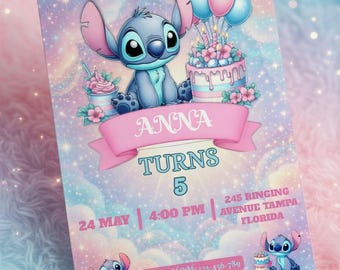 Tarjeta de cumpleaños de Stitch / Dibujo animado en tonos pastel personalizado (Descarga digital)
