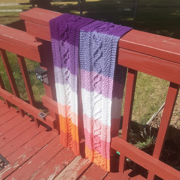 Lesbian Pride LGBTQI+ Knit Scarf DNA cable pattern