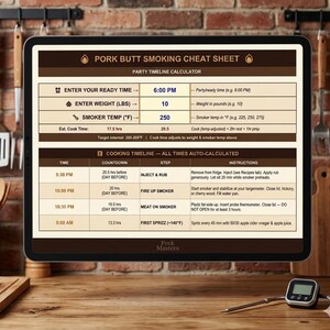 May include: A digital tablet displays a "Pork Butt Smoking Cheat Sheet" with a party timeline calculator. The screen shows instructions for smoking a pork butt, including temperature, time, and steps. A digital thermometer is visible.
