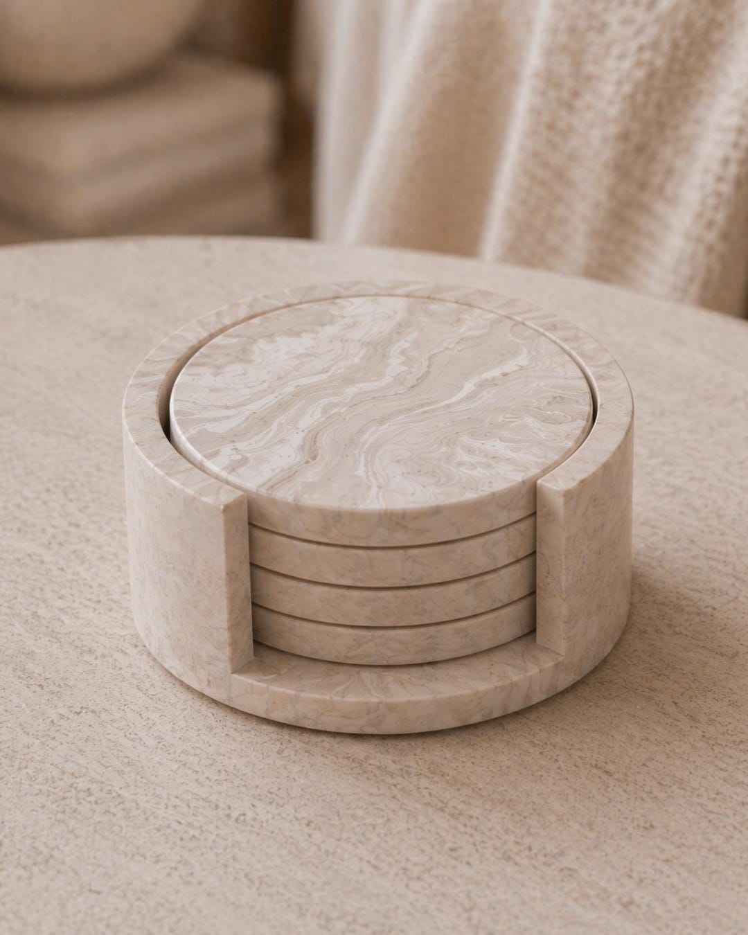 Beige Marble Coaster Set | Round Drink Coasters With Holder | Set of 4 ...
