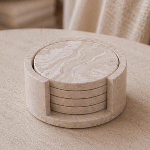 Beige Marble Coaster Set | Round Drink Coasters with Holder | Set of 4 | Handmade