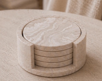 Beige Marble Coaster Set | Round Drink Coasters with Holder | Set of 4 | Handmade