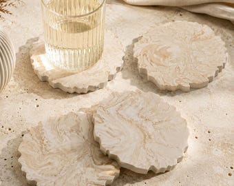Large Scalloped Coaster Set | Handmade Jesmonite Drink Coasters | Marble Stone Effect Coasters | Set of 2, 4, 6, 8 | Coffee Table Decor Gift