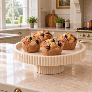 Può includere: Un'alzata per dolci rotonda in marmo color bianco sporco con bordo scanalato e base a piedistallo abbinata. L'alzata sostiene quattro muffin ai mirtilli, ciascuno in un pirottino di carta marrone, con crosta dorata e mirtilli visibili.