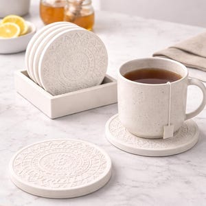 Mandala Coaster Set with Holder | Set of 6 Coasters | Boho Drink Coasters | Decorative Table Coasters | Modern Home Decor Gift