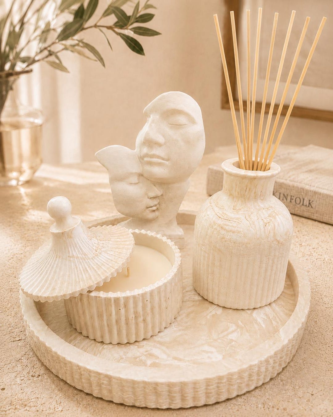 Beige Marble Jesmonite Set | Tray, Reed Diffuser, Candle & Abstract ...