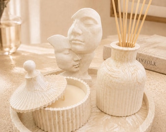 Beige Marmor Jesmonite Set | Tablett, Reed Diffusor, Kerze & Abstrakte Statue | Minimalistisches Wohndekor | Handgefertigt