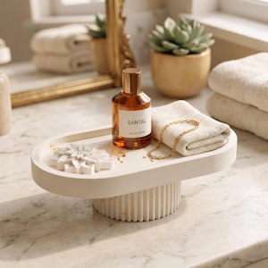Puede incluir: Una bandeja blanca ovalada con base acanalada contiene un frasco de perfume "SANTAL", un collar dorado, una toalla doblada y una flor blanca decorativa. El frasco de perfume es color ámbar con tapa dorada. Hojas de oro adornan la base.
