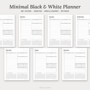 Può includere: Un set di sette pagine di agenda in bianco e nero etichettate da domenica a sabato. Il testo recita Minimal Black & White Planner, Ink-Saving, Undated, Lined & Unlined, 38 Pages e Trendy Collectives. Ogni pagina presenta un programma giornaliero, un elenco di attività e una sezione per le note.