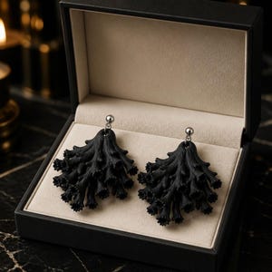 Puede incluir: Un par de pendientes colgantes de color negro mate con una estructura texturizada de ramas similares al coral. Cada pendiente está sujeto a un pequeño poste de metal plateado con forma de bola. Los pendientes se presentan en un joyero negro.