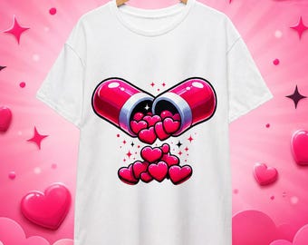 T-shirt met hartje en pilmotief, schattig kawaii-shirt met print.