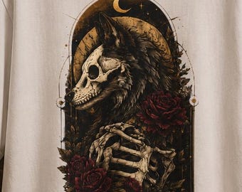 Skull and Skeleton Wolf T-Shirt | Gothic Floral Wolf Graphic | Unisex Memento Dark