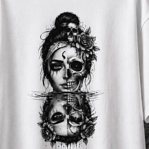 Gothic Half Skull Women's T-Shirt | Dark Reflection Graphic | Unisex Gothic and Moon Horror Aesthetic