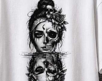 Gothic Half Skull Women's T-Shirt | Dark Reflection Graphic | Unisex Gothic and Moon Horror Aesthetic