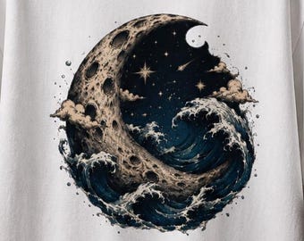 Moon and Ocean Wave T-Shirt | Celestial and Sea Graphic | Unisex | Nautical Night Sky Themed Gift