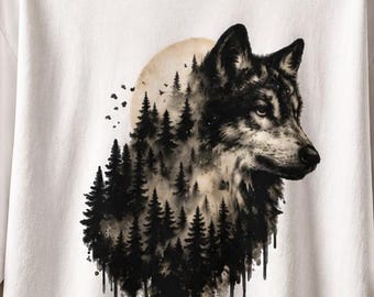Wolf Forest T-Shirt | Wolf in the Wilderness Graphic | Mountain T-Shirt | Rustic Gift for Outdoor Adventures