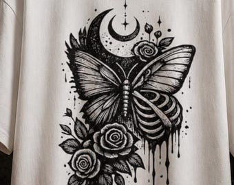 Gothic butterfly and skeleton T-shirt | Dark floral graphic | Unisex witchy aesthetic