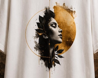 Mystical Moon Goddess T-Shirt, Celestial Woman Graphic, Minimalist Moon Portrait, Spiritual Boho Gift