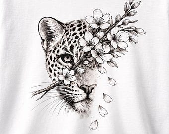 Leopard T-Shirt with Flowers, Black and White Wild Animals, Botanical Safari, Gift for Leopard Lovers