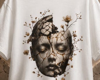Broken Porcelain Face T-Shirt, Mask Graphic, Surreal Art, Unisex Gift