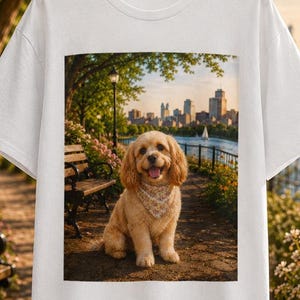 Può includere: Una t-shirt bianca a maniche corte con una stampa grafica rettangolare di un cane marrone chiaro che indossa una bandana a motivi, seduto su un sentiero in un parco con lo skyline di una città e l'acqua sullo sfondo, al tramonto.