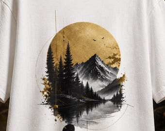 Mountain and lake landscape T-shirt with nature graphic and golden sun, minimalist for the wilderness, unisex gift for outdoor adventures.