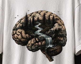 Nature Mind T-Shirt | Forest Brain Graphic | Waterfall and Wilderness | Gift for Hiking and Nature Lovers