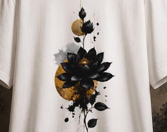 Black Lotus Flower T-Shirt, Botanical Zen Graphic, Japanese Floral, Minimalist Unisex Gift with Gold Ink