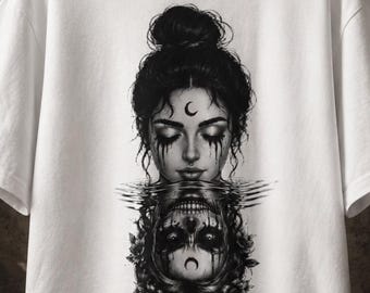 Dark Reflection Girl T-shirt | Gothic moon mirror graphic | Unisex with a creepy horror aesthetic
