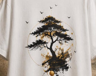 Minimalist Japanese Zen graphic tee with nature theme, botanical with golden moon, perfect gift for those who love tranquil landscapes.