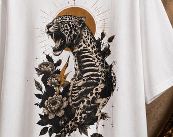 Roaring Leopard Skeleton T-Shirt | Gothic floral graphic of a big cat | Unisex, nature-themed, dark aesthetic