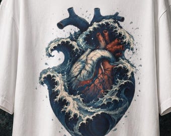 Anatomical Heart and Ocean T-Shirt | Heart and Wave Graphic | Unisex Nautical Dark Art | Gift for Sea Lovers