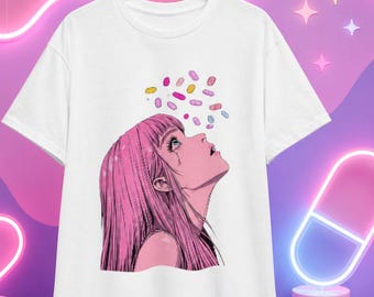 Anime T-shirt over geestelijke gezondheid, T-shirt met een droevige meidenuitstraling.