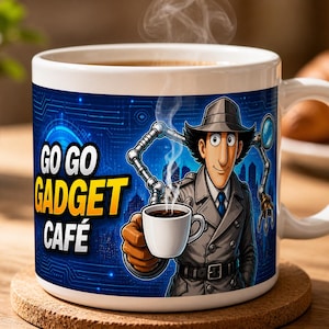 Può includere: Tazza in ceramica bianca con un design avvolgente raffigurante l'ispettore Gadget che tiene in mano una tazza di caffè. La tazza riporta le parole "Go Go Gadget Café" in giallo e bianco. Lo sfondo è un disegno di circuito blu.