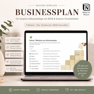Könnte beinhalten: Ein Laptop zeigt eine Businessplan-Vorlage mit dem Titel "BUSINESSPLAN" und "Made for Notion." Die Vorlage ist für kreative Unternehmer konzipiert und verfügt über eine 7-Modul-Struktur. Text beinhaltet "SOFORT-DOWNLOAD" und "EINFACH ANWENDBAR."