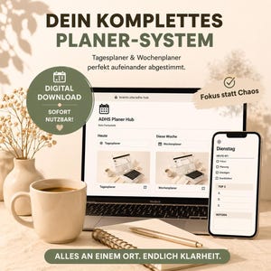 Könnte beinhalten: Ein digitales Planersystem wird auf einem Laptop und Smartphone mit einer Kaffeetasse, einem Notizbuch und einem Stift angezeigt. Der Laptop-Bildschirm zeigt eine Planer-Oberfläche. Text enthält "DEIN KOMPLETTES PLANER-SYSTEM" und "DIGITAL DOWNLOAD".