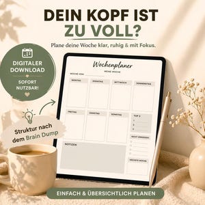 Könnte beinhalten: Ein digitaler Wochenplaner auf einem Tablet, mit einem Stift, einer Tasse Kaffee und einer kleinen Vase mit Blumen. Der Planer hat Abschnitte für jeden Wochentag und Notizen. Der Text enthält "Digitaler Download" und "Struktur nach dem Brain Dump".