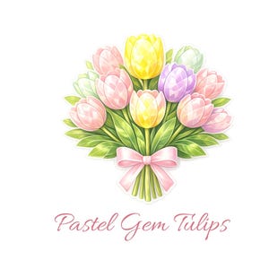 Può includere: Un bouquet di tulipani dai colori pastello con un fiocco rosa. I fiori sono nelle tonalità del rosa, giallo e viola, con foglie verdi. Il testo "Pastel Gem Tulips" è scritto sotto il bouquet.