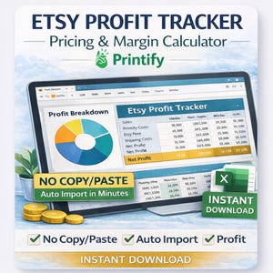 Könnte beinhalten: Ein Screenshot eines Etsy Profit Trackers auf einem Laptop-Bildschirm. Die Oberfläche zeigt Gewinnaufschlüsselungen, Umsatzzahlen und Margenberechnungen. Der Text "No Copy/Paste" und "Instant Download" ist ebenfalls enthalten.