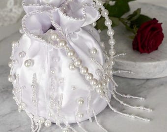 Bolso de novia con asas de perlas | Elegante bolso tipo cubo para bodas | Tul satinado color marfil y perlas | Bolso de boda vintage | Regalo de novia