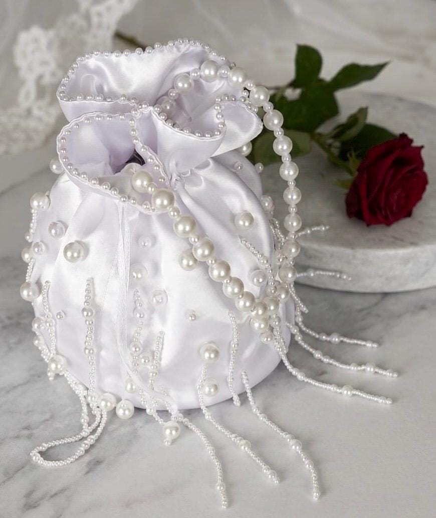 Bridal Bag with Pearl Handles Elegant Bucket Bag for Weddings Ivory Satin Tulle & Pearls Vintage Wedding Dolly Bag Bridal Gift