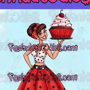Sello digital - 1950's Cupcake Girl, imagen digital sin color para tarjetas de felicitación hechas a mano