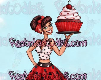 Digital Stamp - 1950's Cupcake Girl, UNCOLOURED Digital Image for Handmade Greeting Cards