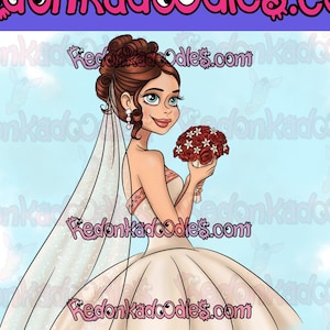 May include: A digital illustration of a bride wearing a white wedding dress and veil, holding a bouquet of red roses. The background is a light blue with a white cloud pattern. The text "YOUR WILL BE UNCOLOURED" is at the bottom of the image.