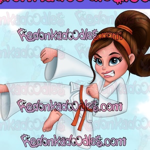 Timbres numériques - Karaté Kick Girl - Image numérique non colorée pour cartes de vœux faites à la main